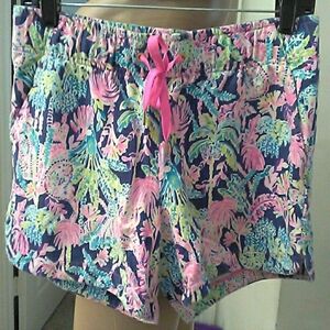 Nwot Lilly Pulitzer Pink, Aqua & Navy Tropical Drawstring Shorts Sz. M W/ Pkts